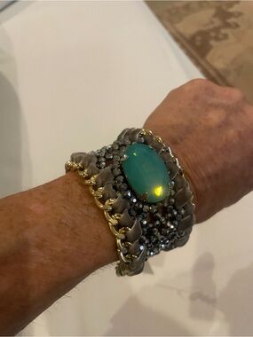 Handmade Turqoise Statement Bracelet with Gold Chain Accent